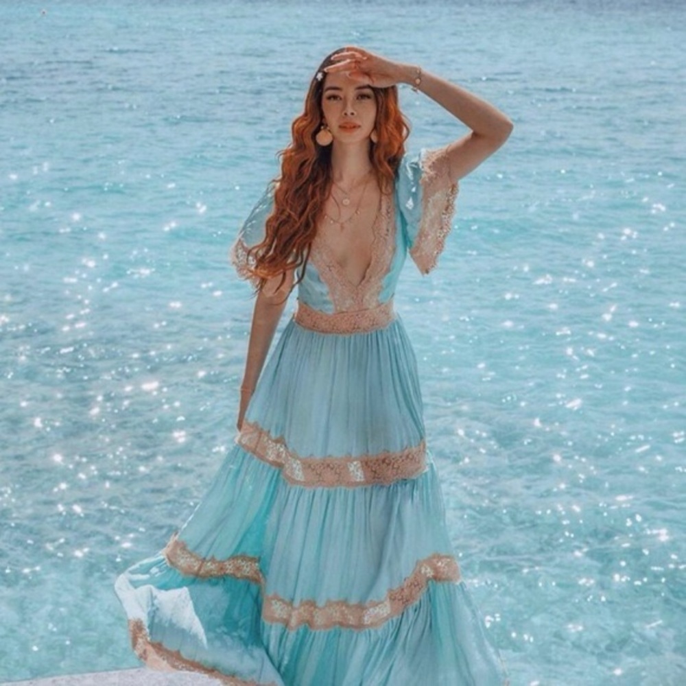 Spell & the Gypsy Ocean Plunge V Neck Gown Maxi Dress in Seafoam Blue Lace Trim